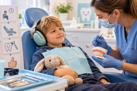 Enfant autiste portant un casque anti-bruit chez le dentiste, rassuré par une professionnelle qui lui présente les instruments et les étapes du soin.