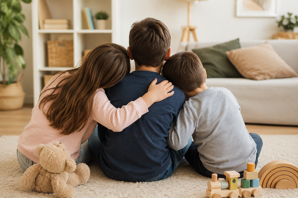 Frères et sœur réunis dans un moment de complicité, illustrant l’équilibre au sein d’une fratrie avec un enfant autiste