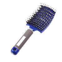 Brosse à cheveux bleue avec un manche texturé et des picots doux pour un brossage confortable.