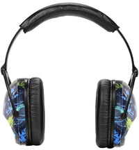 Vue de face du casque anti-bruit enfant motif graffiti, avec coussinets confortables et arceau réglable