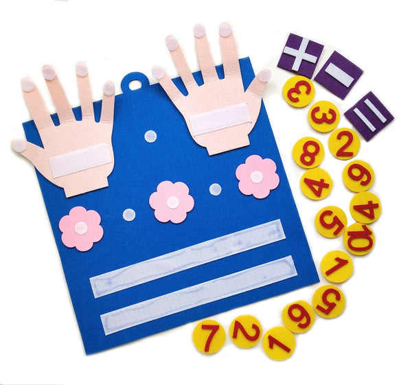 Jeu de dactylonomie avec accessoires : chiffres, opérations et mains en feutrine, conçu pour l'apprentissage ludique des mathématiques.