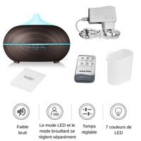 Contenu du diffuseur d'huiles essentielles : télécommande, adaptateur secteur et réservoir d'eau.