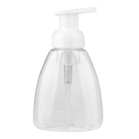 Distributeur moussant transparent avec pompe blanche, idéal pour transformer le savon liquide en mousse légère et économique