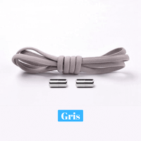 Lacets élastiques gris munis d’embouts métalliques, pratiques pour un laçage simplifié au quotidien