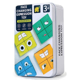 Boîte métallique du Jeu des Émotions, présentant des cubes colorés avec différentes expressions faciales et recommandé pour les enfants de 3 ans et plus
