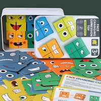 Le Jeu des Émotions avec cubes et cartes disposés autour de la boîte métallique, parfait pour un apprentissage ludique des différentes expressions