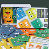 Le Jeu des Émotions avec cubes et cartes disposés autour de la boîte métallique, parfait pour un apprentissage ludique des différentes expressions