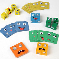 Ensemble du Jeu des Émotions comprenant cubes colorés et cartes illustrant des visages, idéal pour apprendre à reconnaître et exprimer ses sentiments