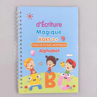 Couverture du cahier “d’Écriture Magique Âges 3+” axé sur l’alphabet, conçu pour les écoles maternelles et l’initiation à l’écriture.