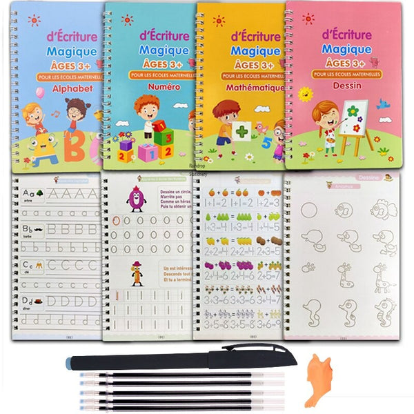 Ensemble complet de cahiers d’Écriture Magique (Alphabet, Numéro, Mathématique, Dessin) avec leurs stylos et accessoires, pour un entraînement ludique à l’écriture.