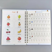 Présentation de fruits avec leur nom, suivie d’un tracé pour les lettres E, F, G et H, afin de développer le vocabulaire et l’écriture