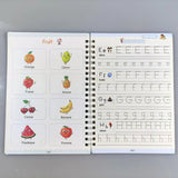 Présentation de fruits avec leur nom, suivie d’un tracé pour les lettres E, F, G et H, afin de développer le vocabulaire et l’écriture