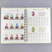 Page illustrant les chiffres de 0 à 9 sous forme de petits wagons, invitant l’enfant à tracer les nombres de façon ludique.