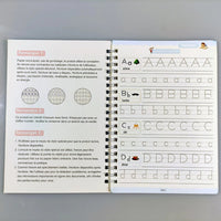 Page présentant des remarques sur l’utilisation du cahier, accompagnée d’exercices de tracé pour les lettres A, B, C et D.