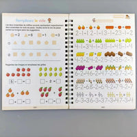 Page d’exercice combinant des formes géométriques à placer et des soustractions illustrées, invitant l’enfant à résoudre des énigmes ludiques.