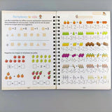 Page d’exercice combinant des formes géométriques à placer et des soustractions illustrées, invitant l’enfant à résoudre des énigmes ludiques.