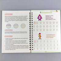 Page détaillant les consignes d’emploi et montrant des exercices de tracé des chiffres (0 et 1), avec un design coloré et amusant.