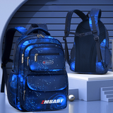 Sac à dos à compartiment motif galaxie bleu foncé, présenté de face et de dos 