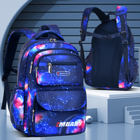  Sac à dos à compartiment motif galaxie bleu et rose, présenté de face et de dos 